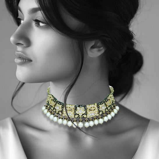 Polki Choker Necklace with Black Enamel and Pearls